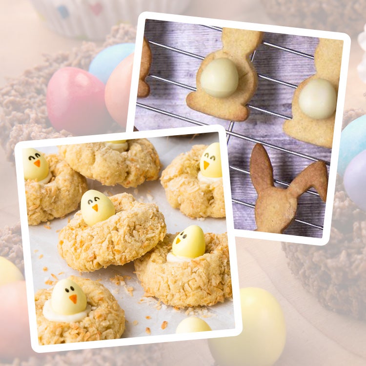 Collage of chocolate cornflake nests with Smarties eggs and coconut cookies topped with Milkybar white chocolate egg ‘chicks’