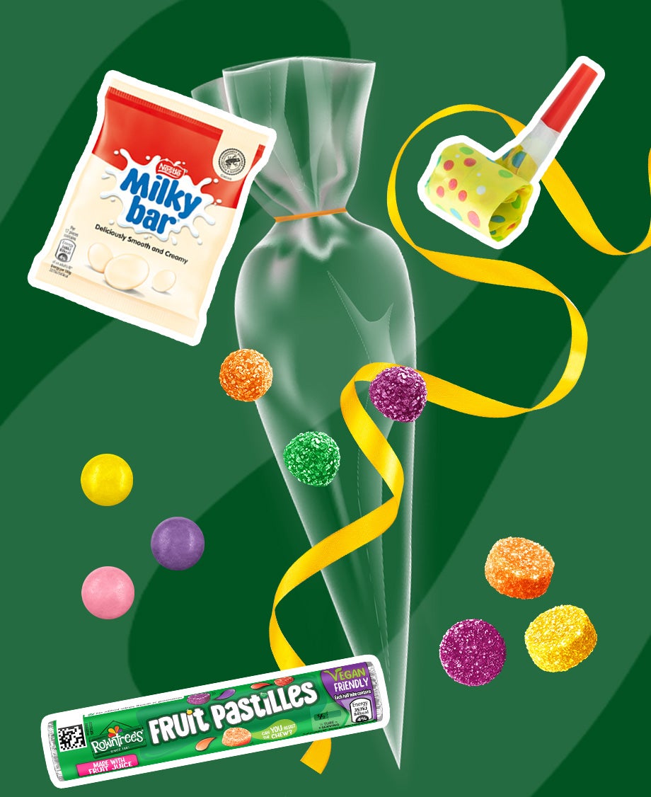 Collage of Milkybar and Rowntrees Fruit Pastille packets with individual sweets and Smarties on a green background