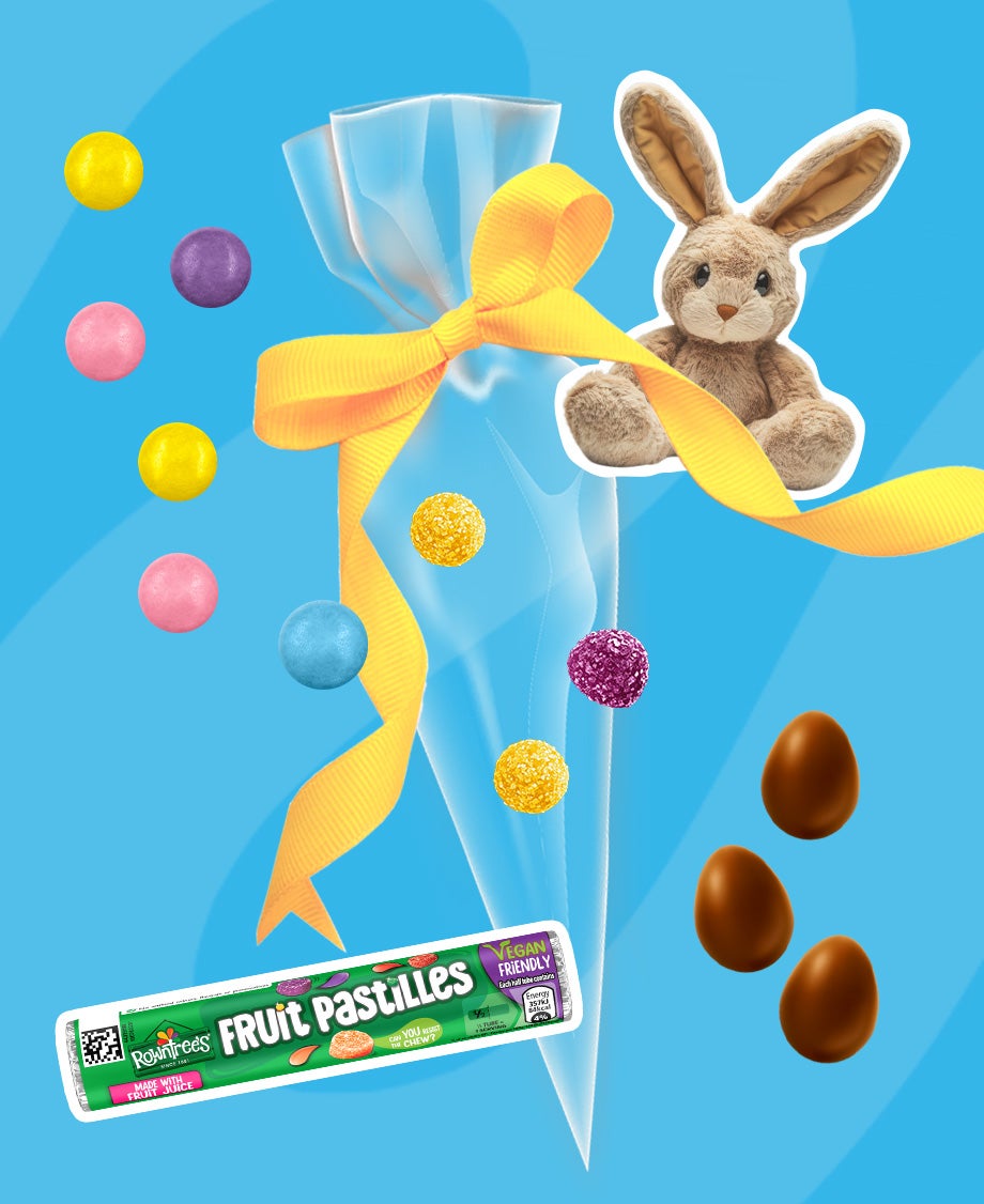 Collage of a pack of Rowntrees Fruit Pastilles with individual Smarties, Fruit Pastilles and After Eight eggs