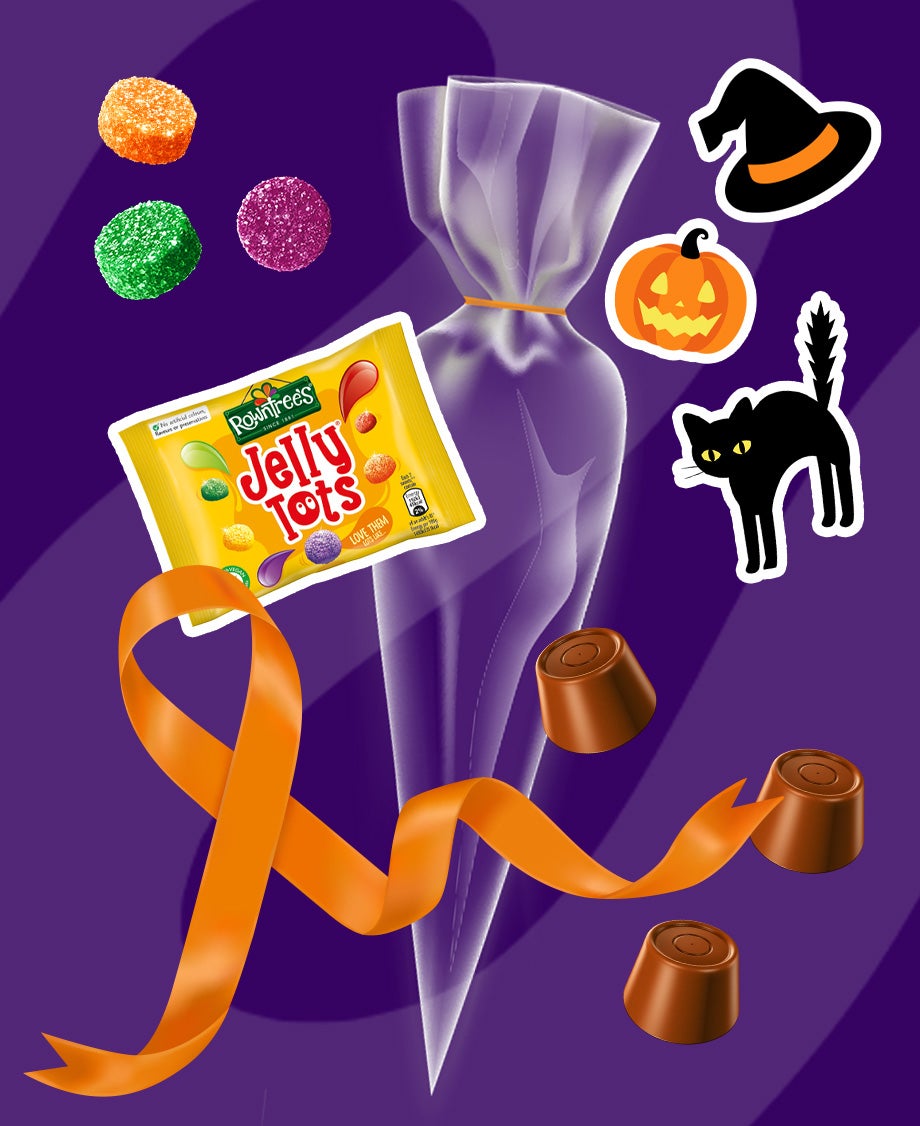 Collage of Rowntree’s Jelly Tots packet with individual Fruit Pastille sweets and Rolos on a purple background