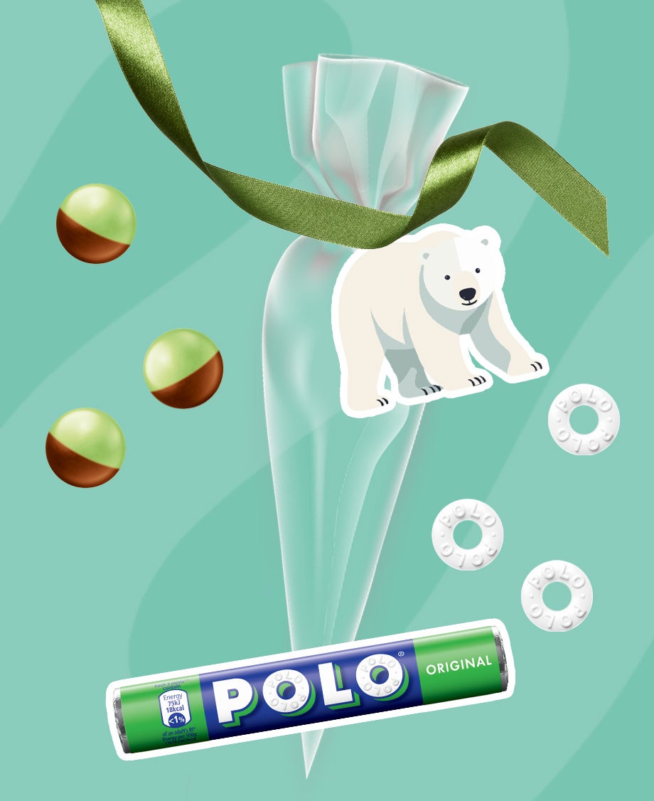 Collage of a packet of Polos and individual Peppermint Aeros on a turquoise background with a cut-out of a polar bear