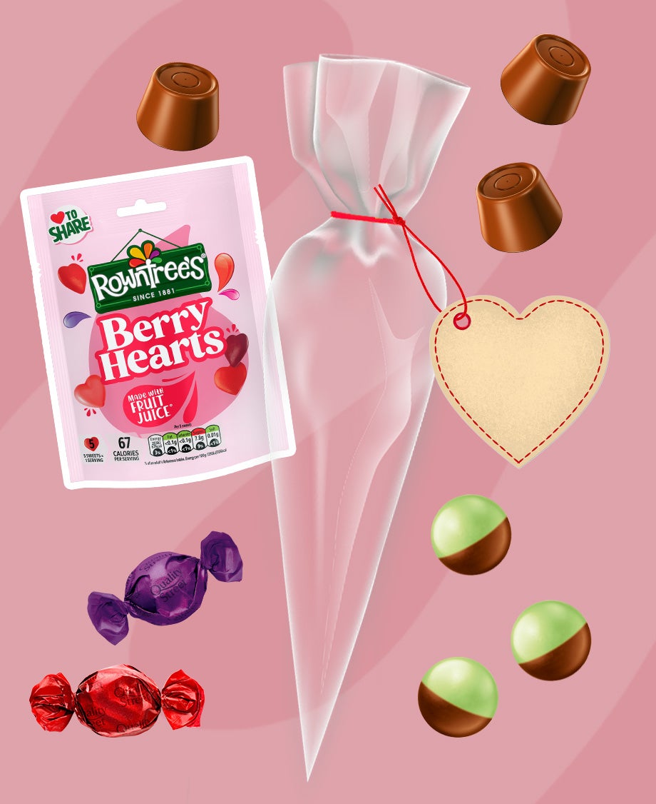 Collage of a packet of Rowntrees Berry Hearts with individual Quality Street flavours, Rolos and Peppermint Aero Bubbles