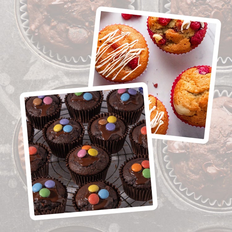 Collage of 4 muffin images: blueberry & white chocolate, double chocolate, choc & Smarties & raspberry & white choc muffins.