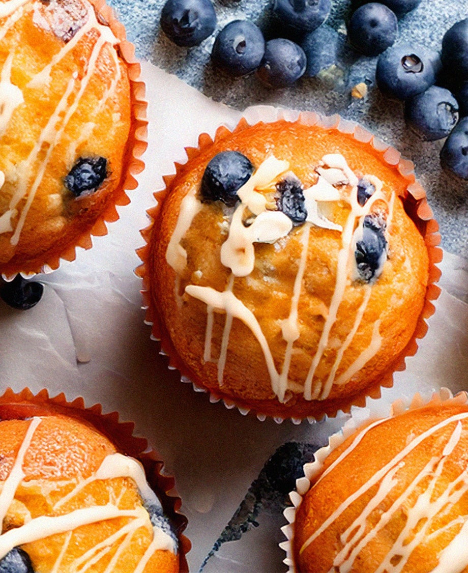 Close up of blueberry and white chocolate muffins