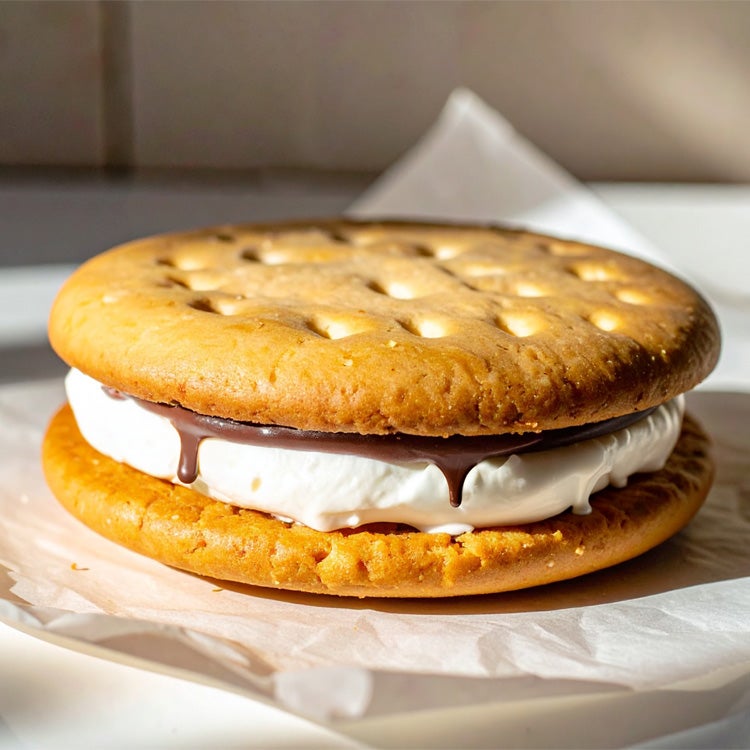Smore made with two digestive biscuits, one large melted marshmallow with melted chocolate oozing out from the sides