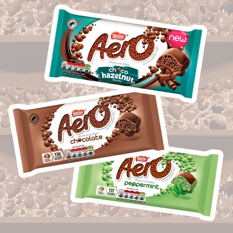 Collage of three Aero bars in peppermint, choco hazelnut and chocolate flavours