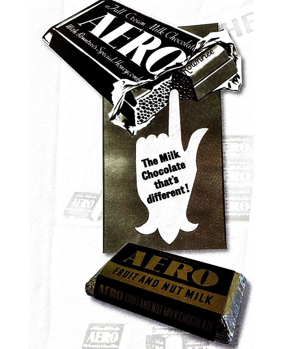 Vintage advertisement for milk chocolate and fruit and nut milk Aero flavours