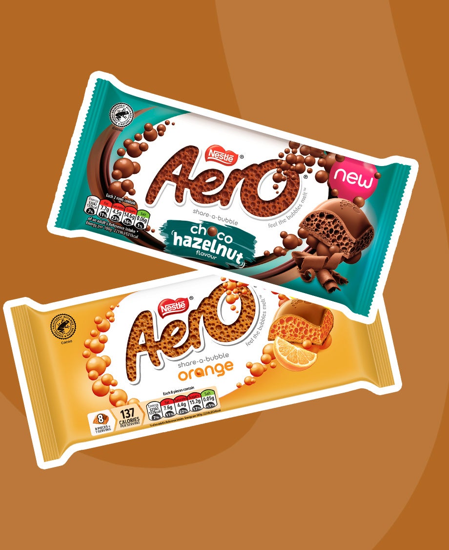 Collage of Aero choco-hazelnut and Aero orange flavour sharing bars on a brown background