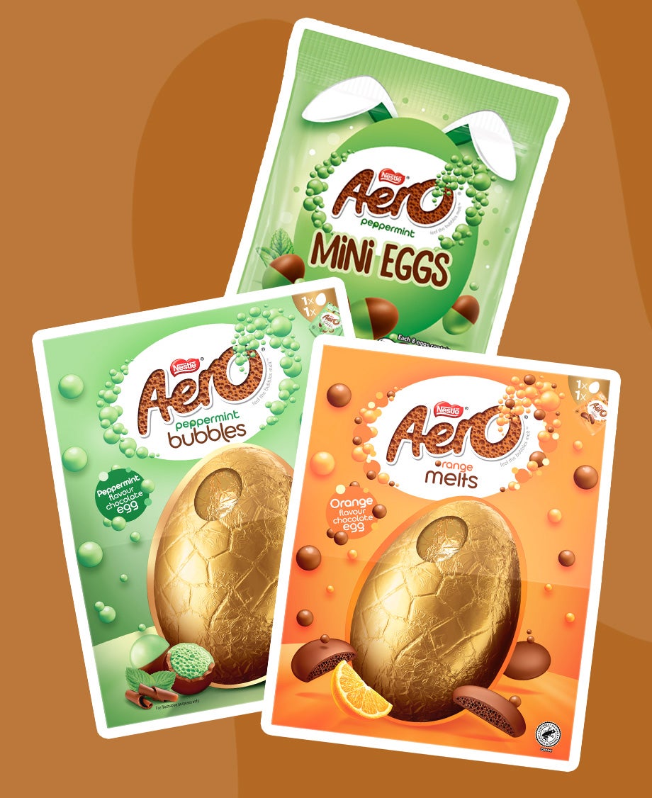 Collage of Aero Peppermint Easter egg, Aero Mini Eggs and Aero Orange Melts Easter Eggs on a brown background