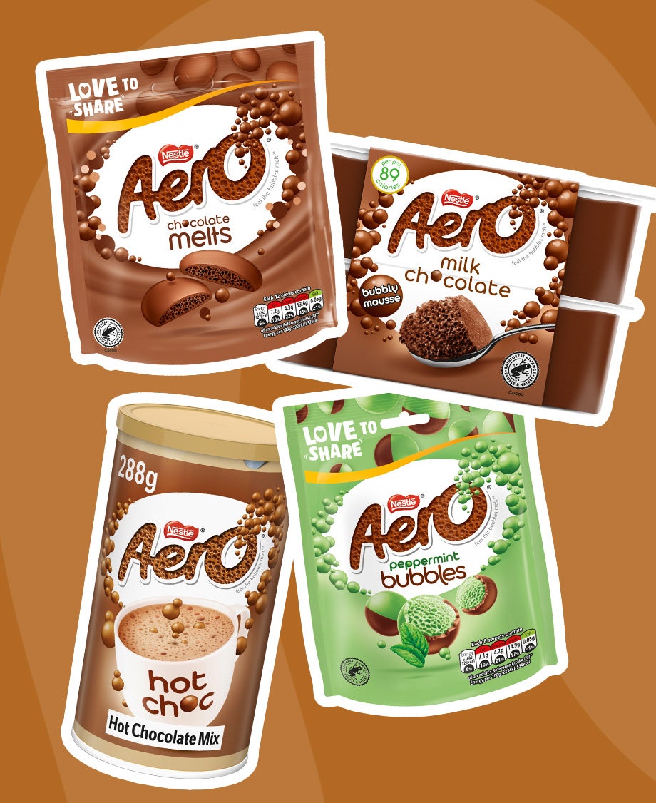 Collage of Aero Chocolate Melts, Aero Chocolate Mousse, Aero Hot Choc and Aero Peppermint Bubbles on a brown background