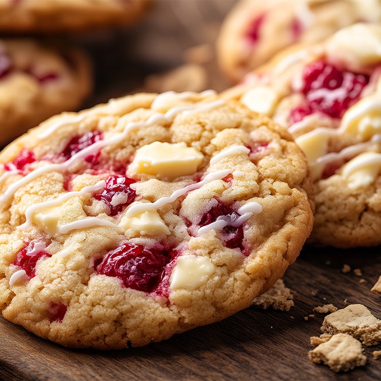 White chocolate and raspberry cookies on a wooden bread board and table
