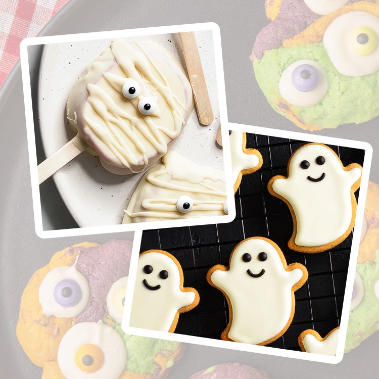 Collage of Halloween themed baking recipes including colourful monster cookies, ghost cookies and mummy-themed apple stick po