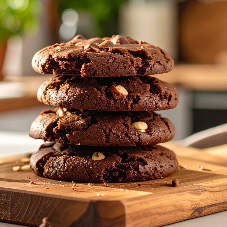 Stack of homemade chocolate hazelnut cookies on wooden board in sunlit kitchen 