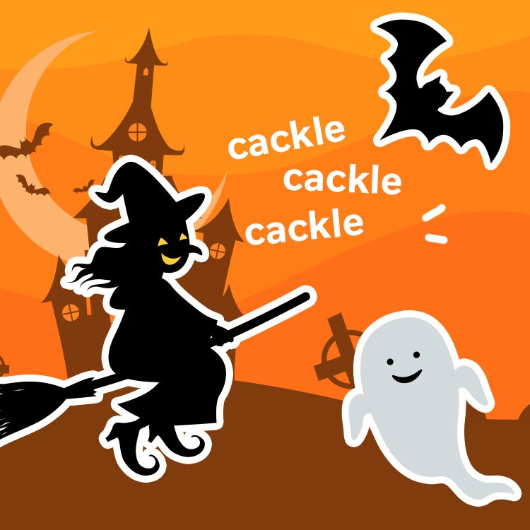 Collage of cartoon witches, pumpkins, ghosts and bats all laughing on an orange Halloween-themed background