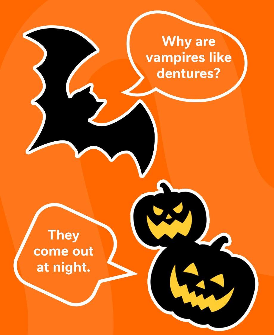 Graphic of a bat telling a joke to two pumpkins about how vampires are like dentures because they come out at night 