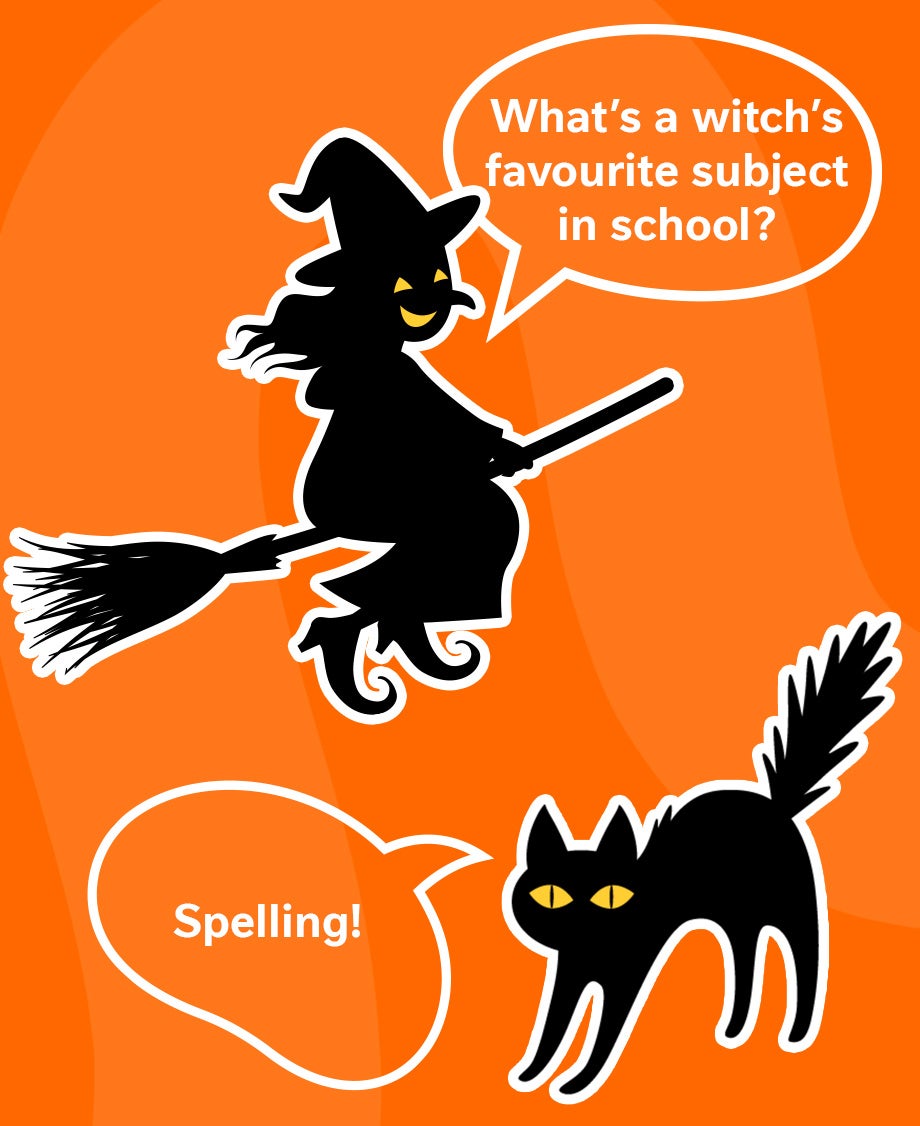 Graphic of a cartoon witch telling a joke to a black cat about her favourite subject in school being spelling