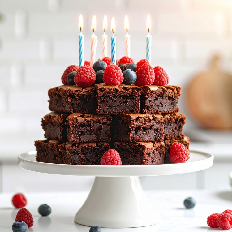Stack of brownies arranged on a cake stand with fresh strawberries and blueberries, and birthday candles on the top on a marb