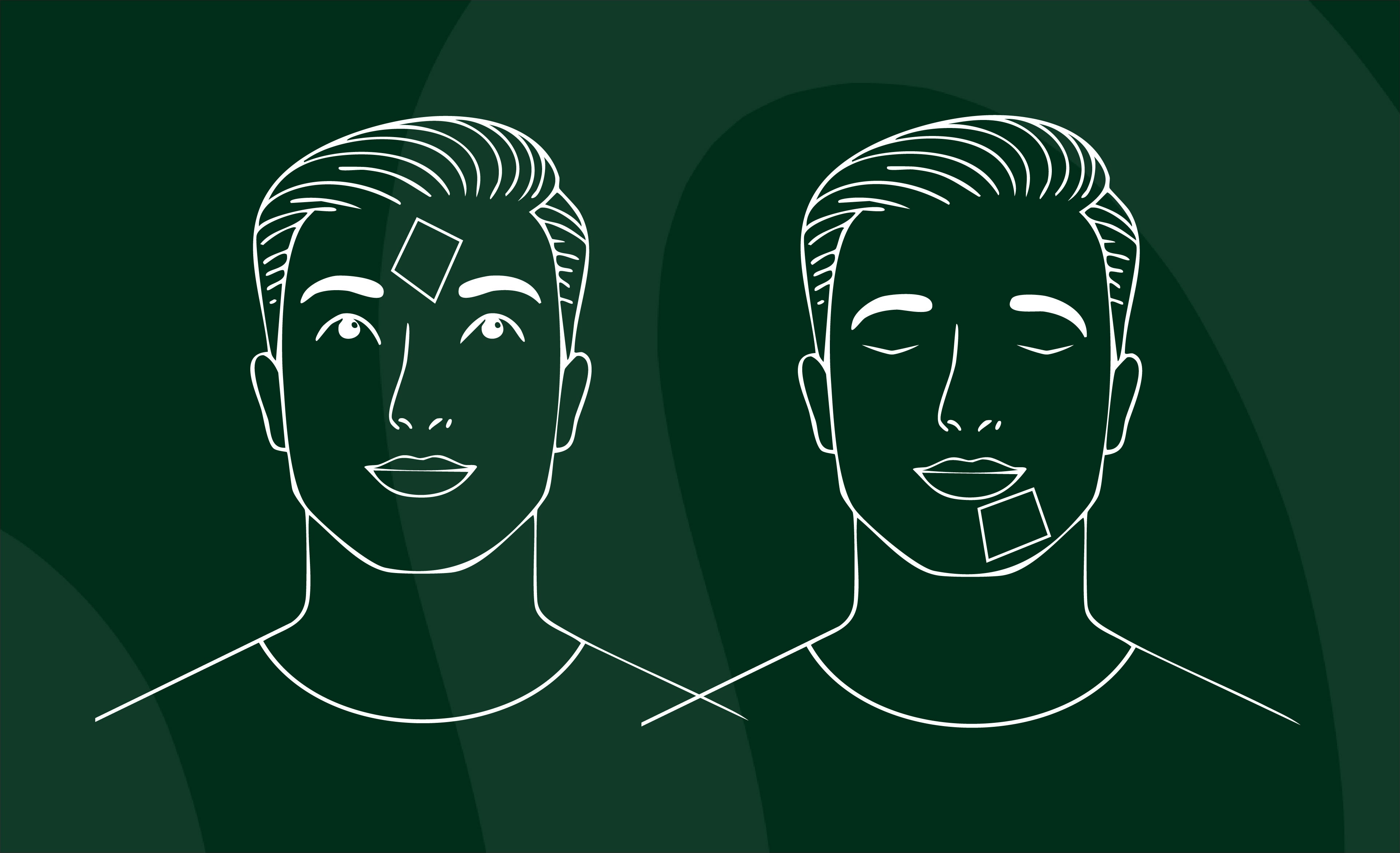 White line graphic of man with an After Eight on his forehead and then pictured with it on his chin, with dark green backgrou