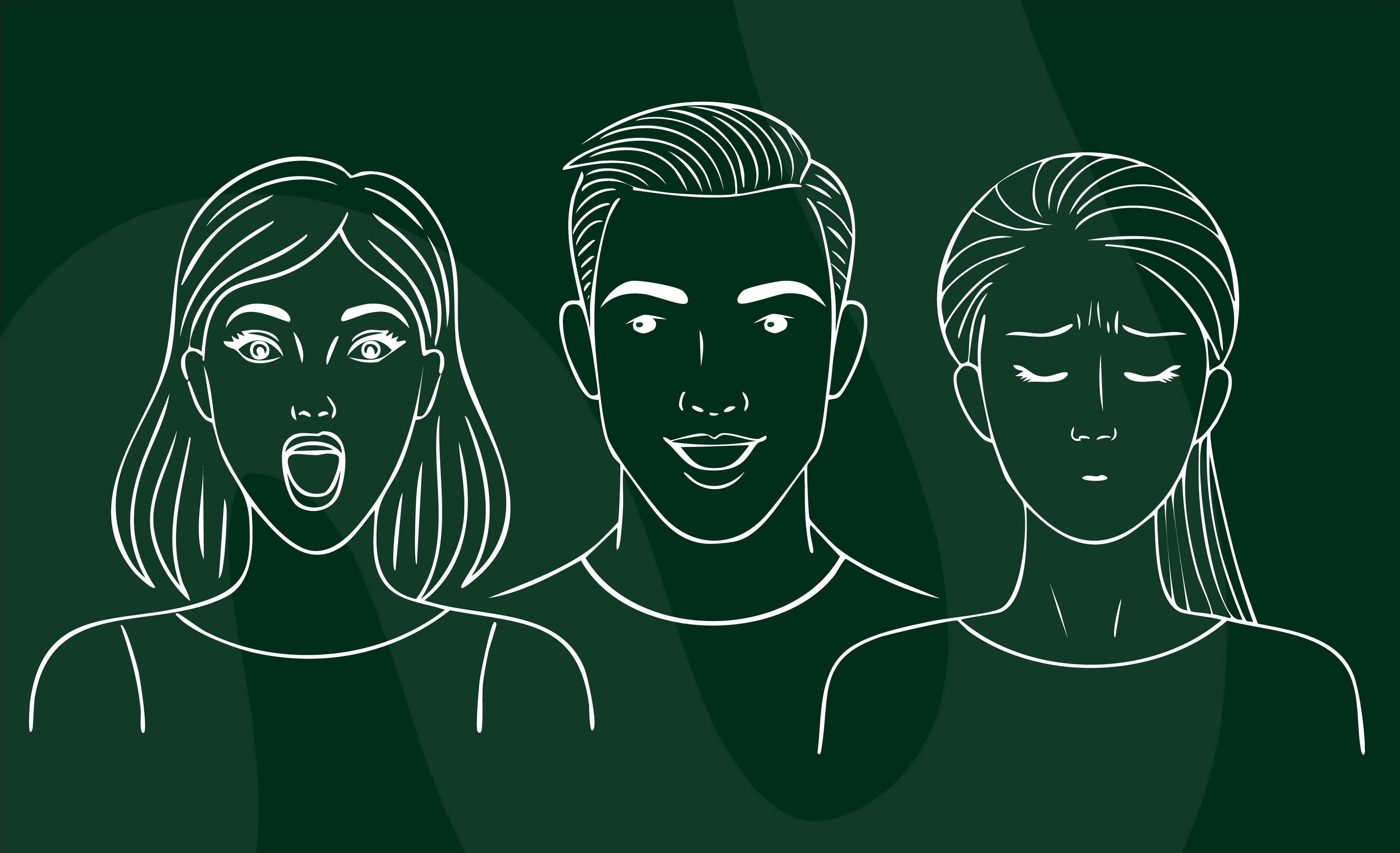 White line graphics of two women and one man doing facial warm ups with dark green background.