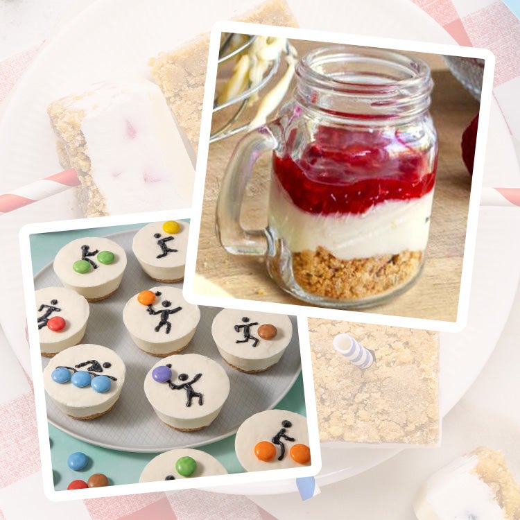 Collage of mini cheesecakes made with Smarties and piped-on figures plus a layered cheesecake in a pot