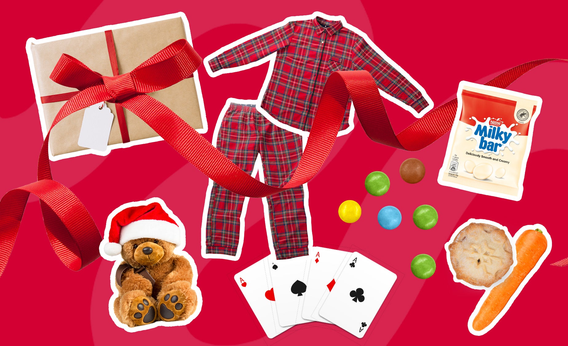 Collage of Christmas gifts on a red background, including a deck of playing cards, a teddy bear with a santa hat on