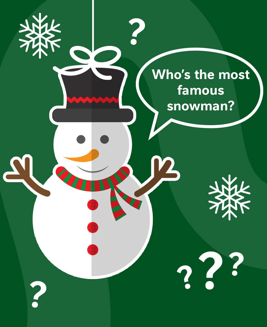 Collage of a Snowman asking a quiz question with dark green background
