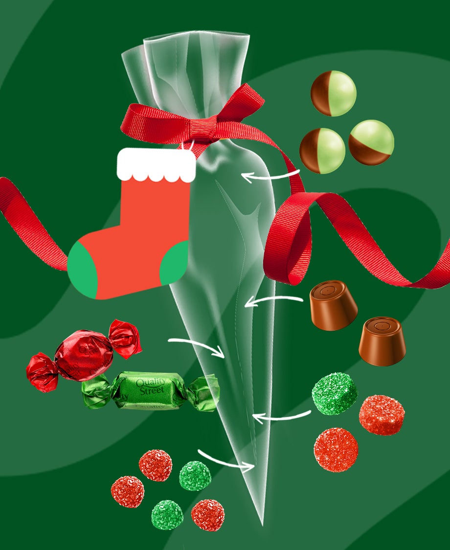 Alt text: Collage of empty cellophane sweet cone with red ribbon on dark green background with inidividual Fruit Pastilles, Q