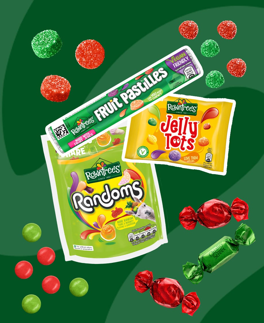 Collage of packets of Rowntree’s Randoms, Jelly Tots and Fruit Pastilles on a dark green background with individual Smarties,
