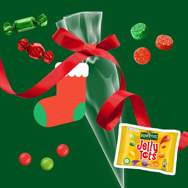 Collage of empty cellophane sweet cone with red ribbon and packets of Rowntree’s Randoms, Jelly Tots and Fruit Pastilles with