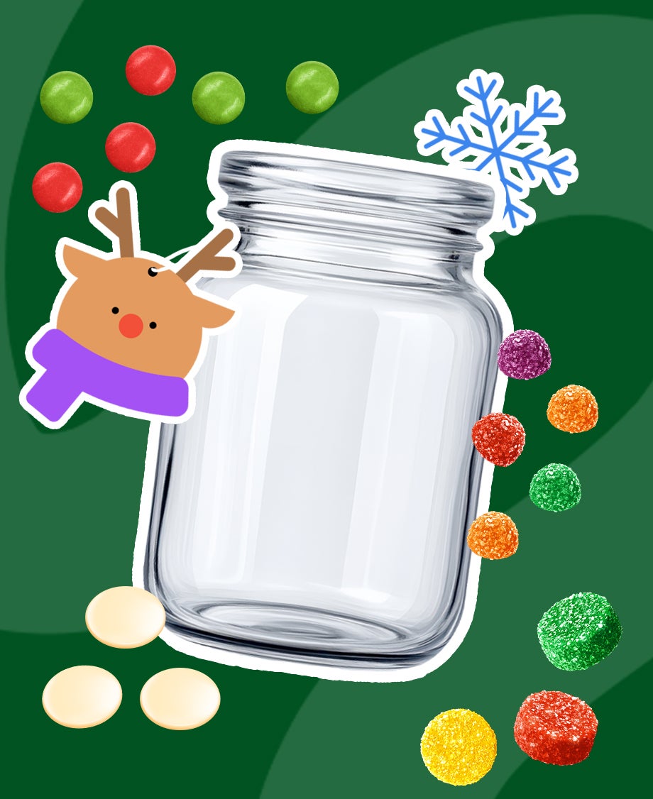 Collage of glass jar with individual Rowntree’s Fruit Pastilles and Jelly Tots, Milkybar buttons and Smarties