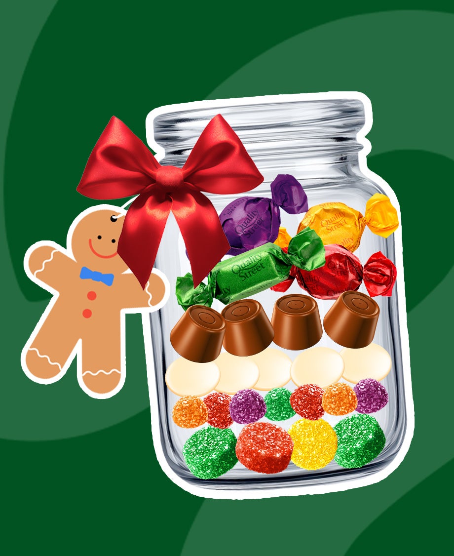 Collage of glass jar with red ribbon bow containing rows of individual Rowntree’s Fruit Pastilles, Jelly Tots, MilkybarButton