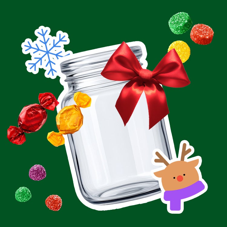 Collage of glass jar with red ribbon bow on dark green background with packets of Rowntree’s Randoms, Jelly Tots and Fruit 