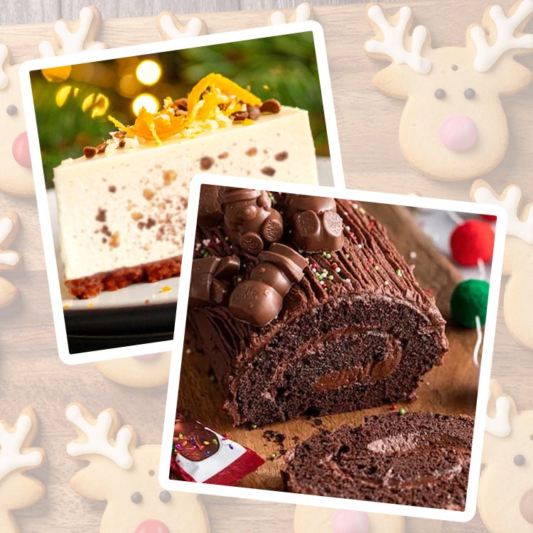 Collage of four Christmas recipe photos including Aero chocolate log, Smarties pretzel muffins, Aero Christmas cheesecake and