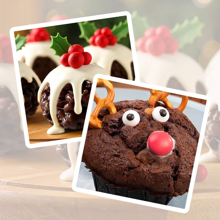 Collage of fun Christmas bakes including reindeer biscuits, mini rice crispy Christmas puddings and a chocolate reindeer