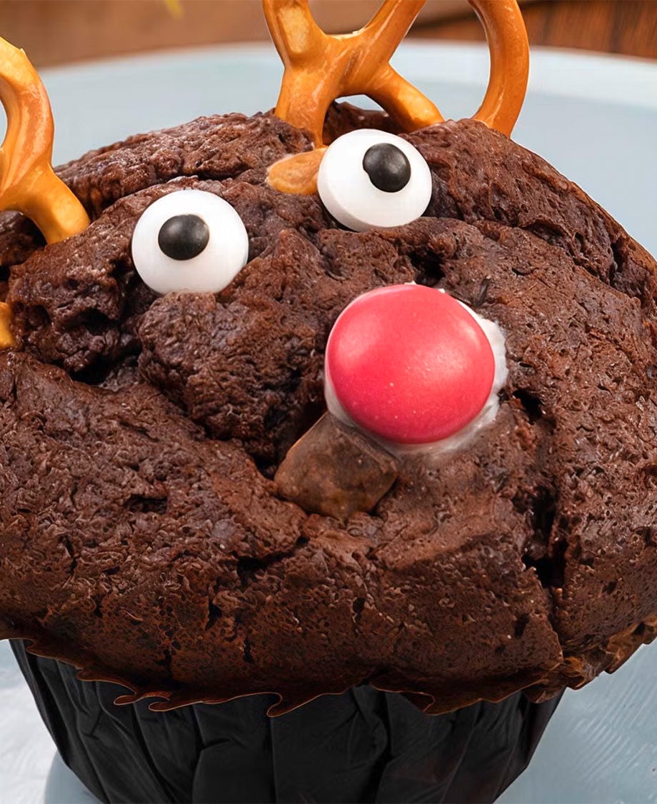 Chocolate muffin with edible googly eyes, pretzels for ears and a red Smarties for a nose