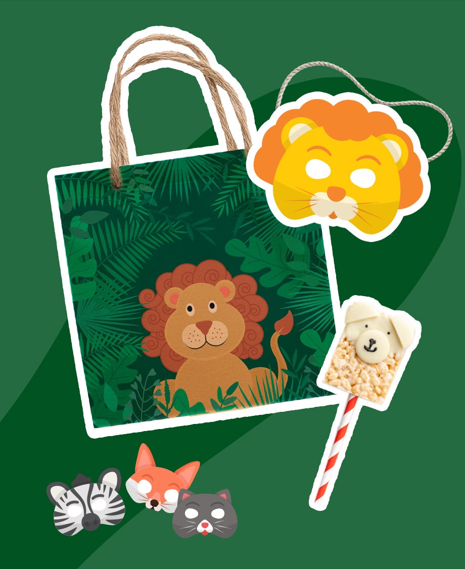 Party favor bag with jungle leaf pattern and cartoon lion illustration paired with animal-themed masks and a Rice Krispie tre