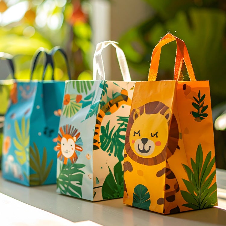 Colorful gift bags with jungle animal designs, including lions and monkeys, arranged in a row on a sunlit table.