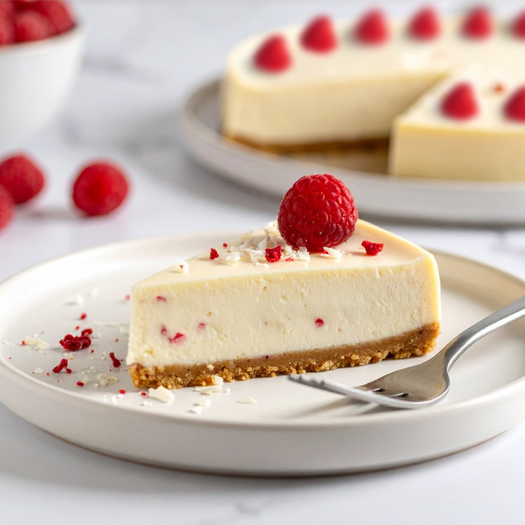 Slice of Milkybar white chocolate cheesecake with speckles of raspberry inside the filling as well as on top,