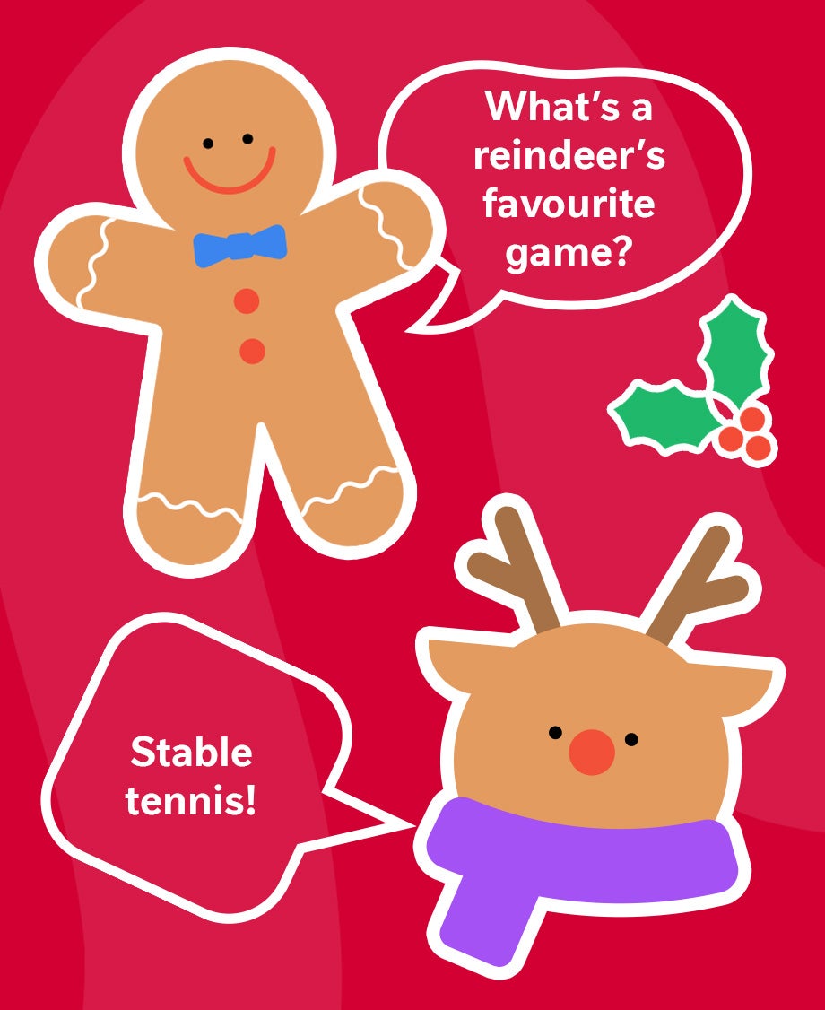 Graphic of a gingerbread man on a red background telling a Christmas joke to a reindeer