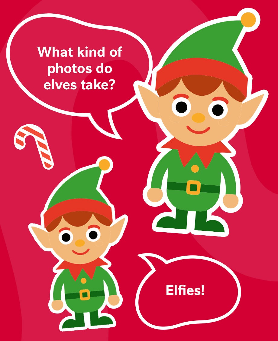 graphic of a Christmas elf on a red background telling a Christmassy joke to another Christmas elf.