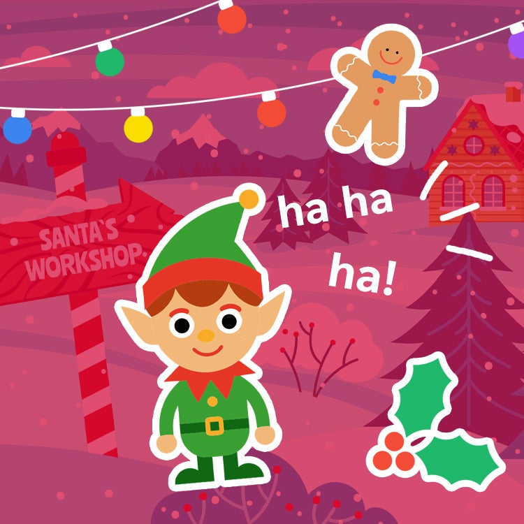  Collage of friendly looking Christmas-themed graphics including snowmen, gingerbread men and a smiling elf.
