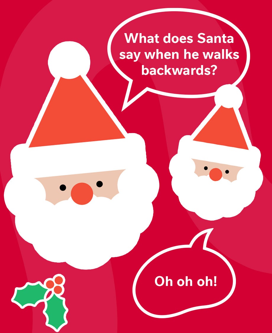 Graphic of a Christmas joke told by two santa heads on a red background.