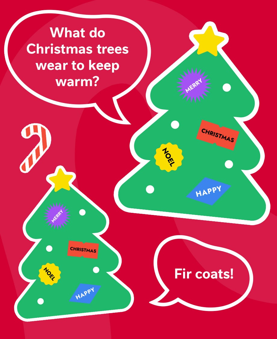 Graphic of a Christmas tree on a red background telling a Christmassy joke to another Christmas tree.