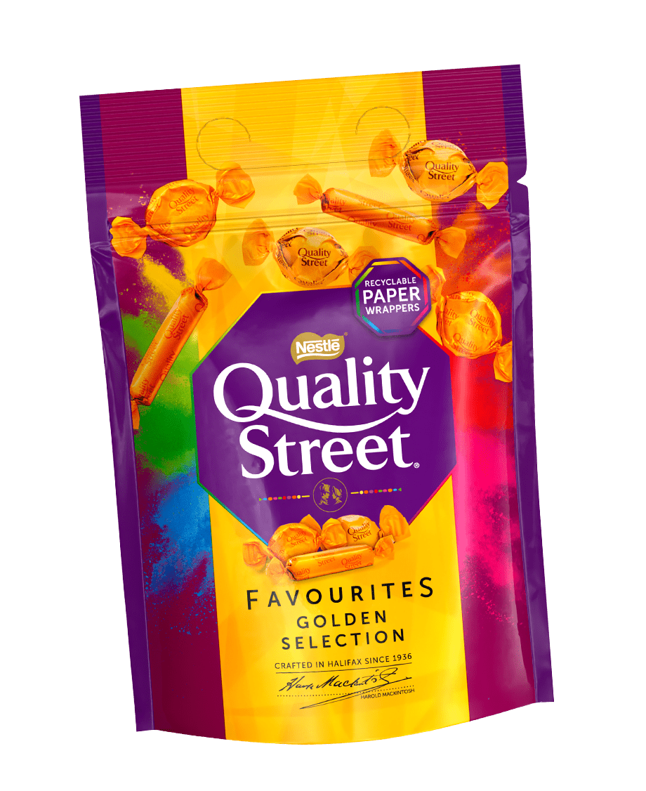 Sharing bag of Quality Street Golden Selection with white background