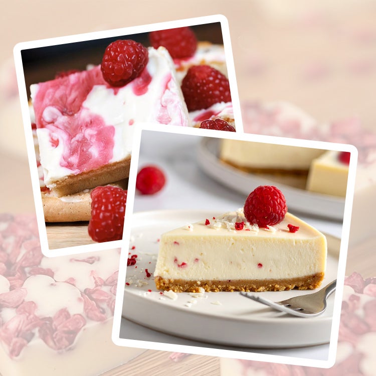 Collage of four white chocolate and raspberry recipes