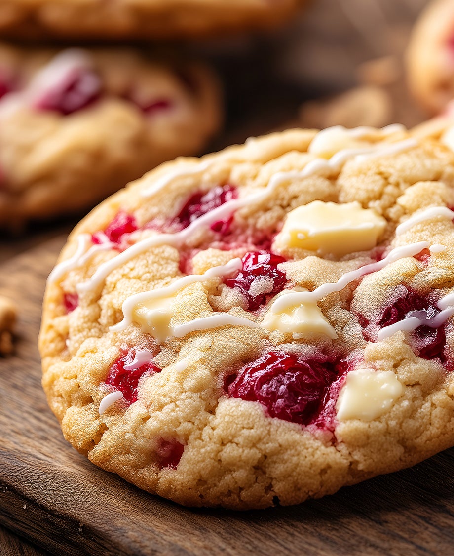 White chocolate and raspberry cookies on a wooden bread board and table