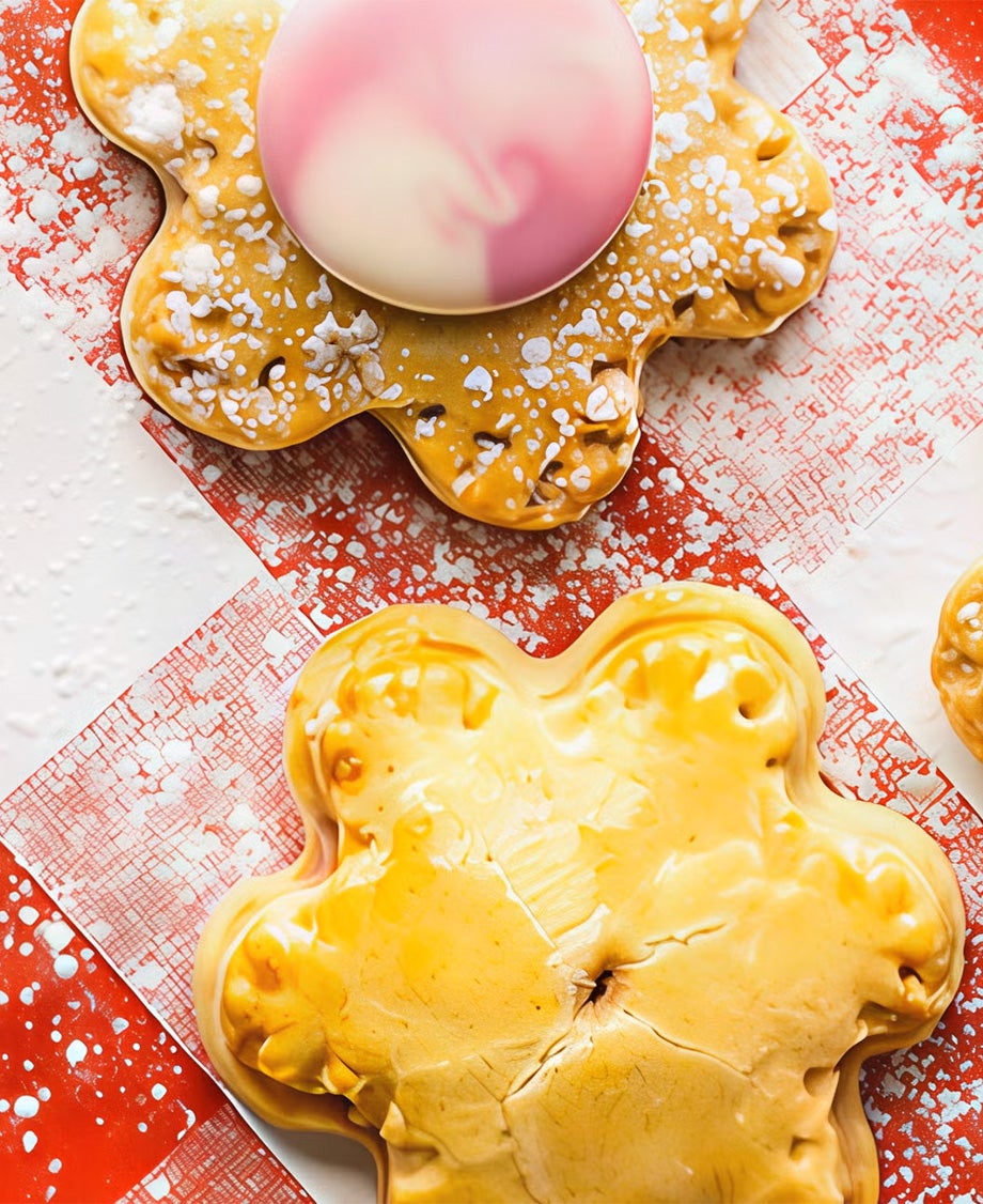 Flower-shaped homemade pop tarts with a raspberry filling and Raspberry Ripple Giant Milkybar Button decoration