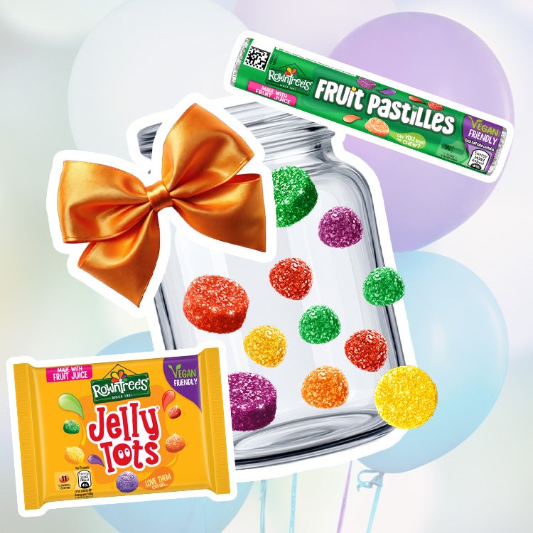 Collage of Rowntree’s Randoms, Fruit Pastilles and Jelly Tots surrounded by colourful sweets and balloons