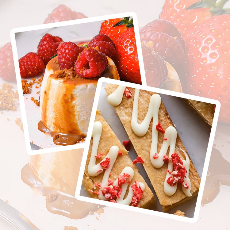 A collage of various desserts featuring strawberries and drizzled chocolate on a decorative background.