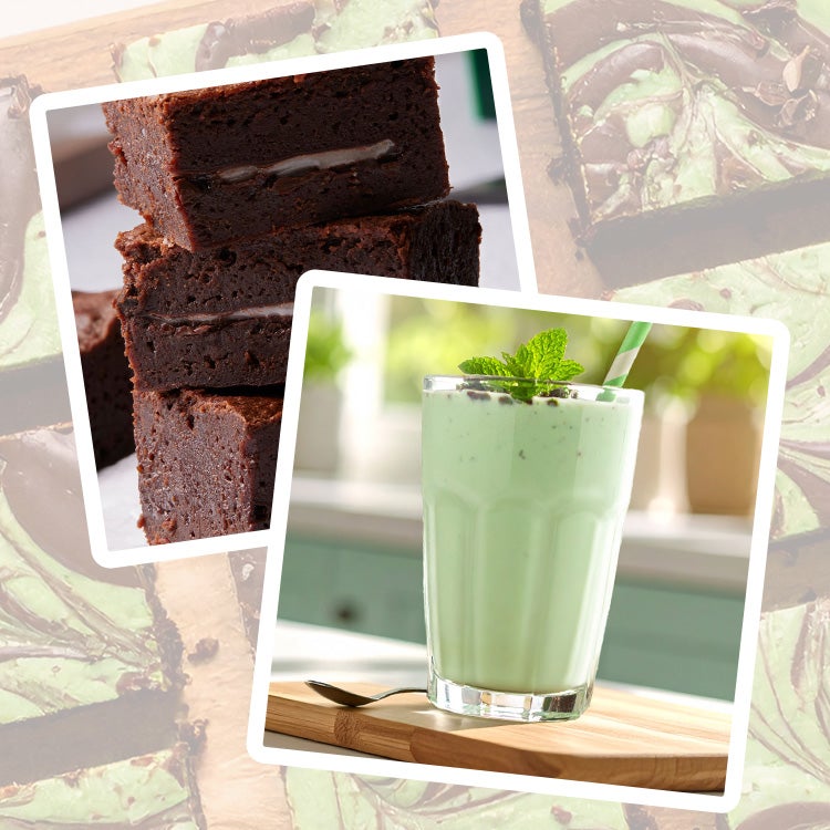 Collage of four recipe images that include After Eight Brownies, Aero Peppermint brownies, mint choc chip ice cream and choc 